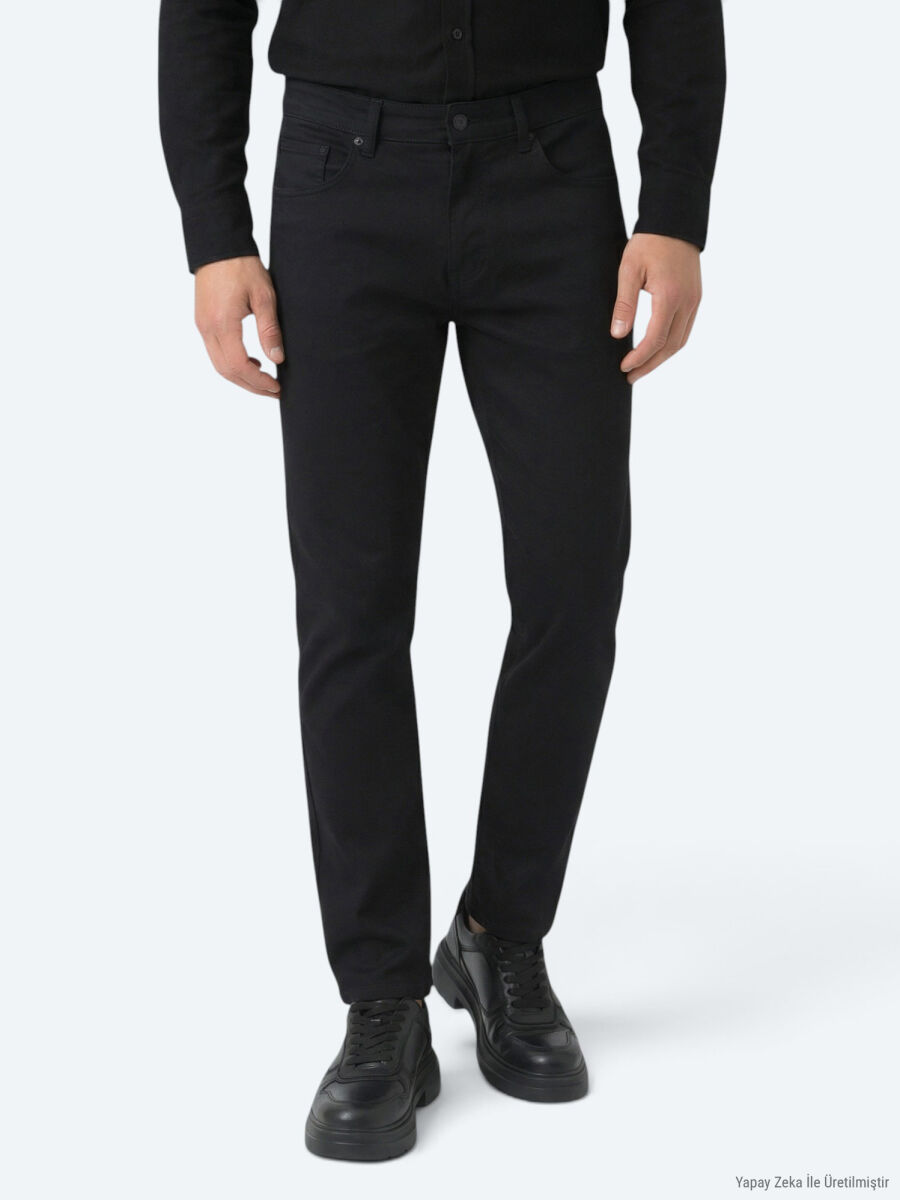 Siyah Düz Dokuma Slim Fit Spor Pamuk Karışımlı Pantolon - 2