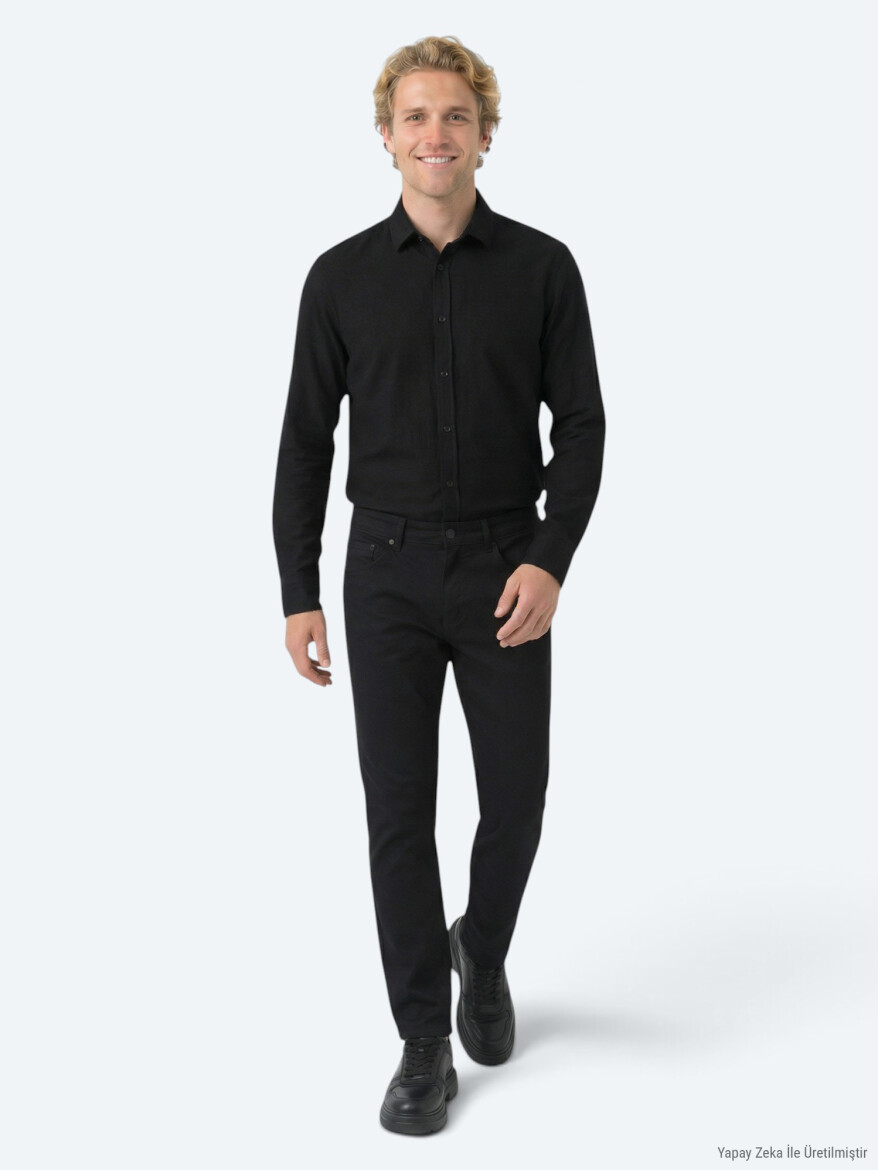 Siyah Düz Dokuma Slim Fit Spor Pamuk Karışımlı Pantolon - 3