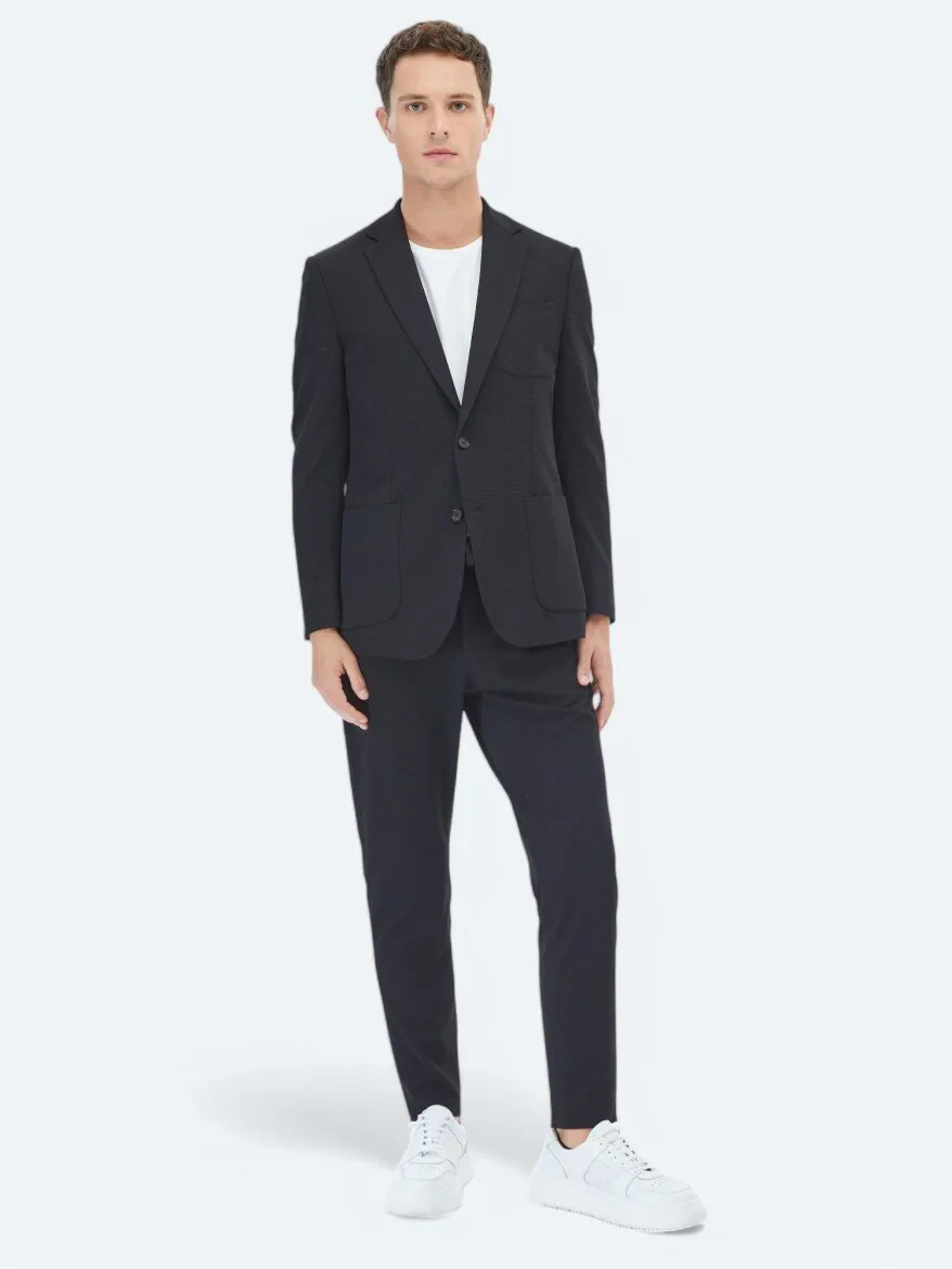 Siyah Düz Fitted Fit Örme Takım Elbise - 2