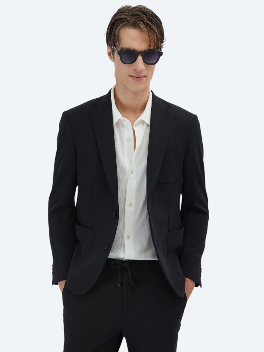 Siyah Düz Fitted Fit Örme Takım Elbise - KİP