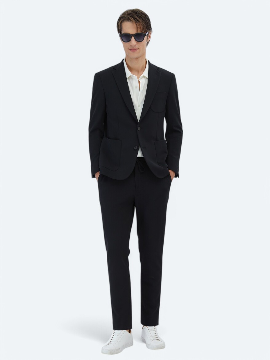 Siyah Düz Fitted Fit Örme Takım Elbise - KİP