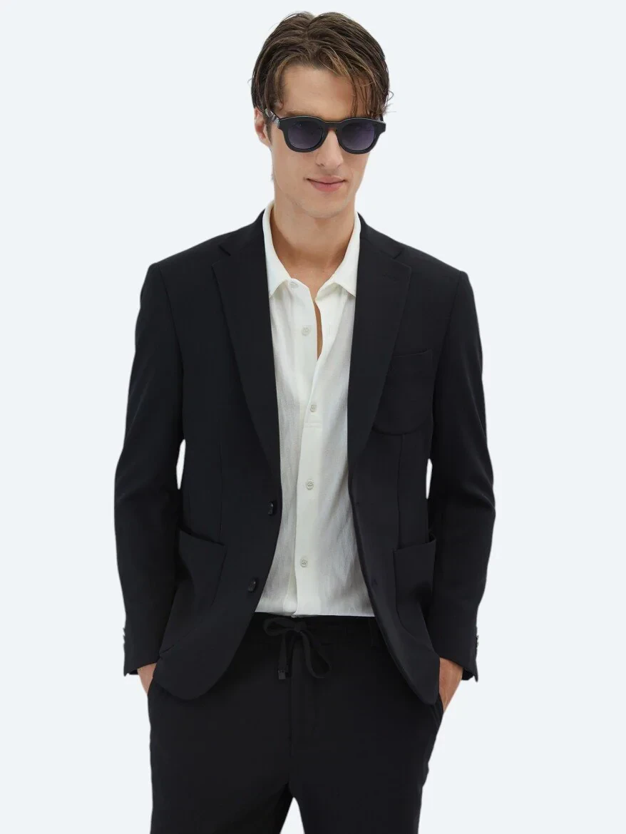 Siyah Düz Fitted Fit Örme Takım Elbise - 1