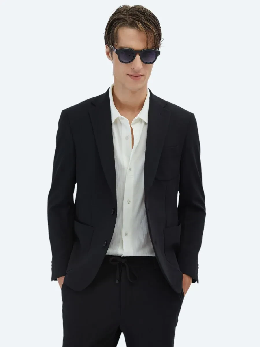 Siyah Düz Fitted Fit Örme Takım Elbise - 1