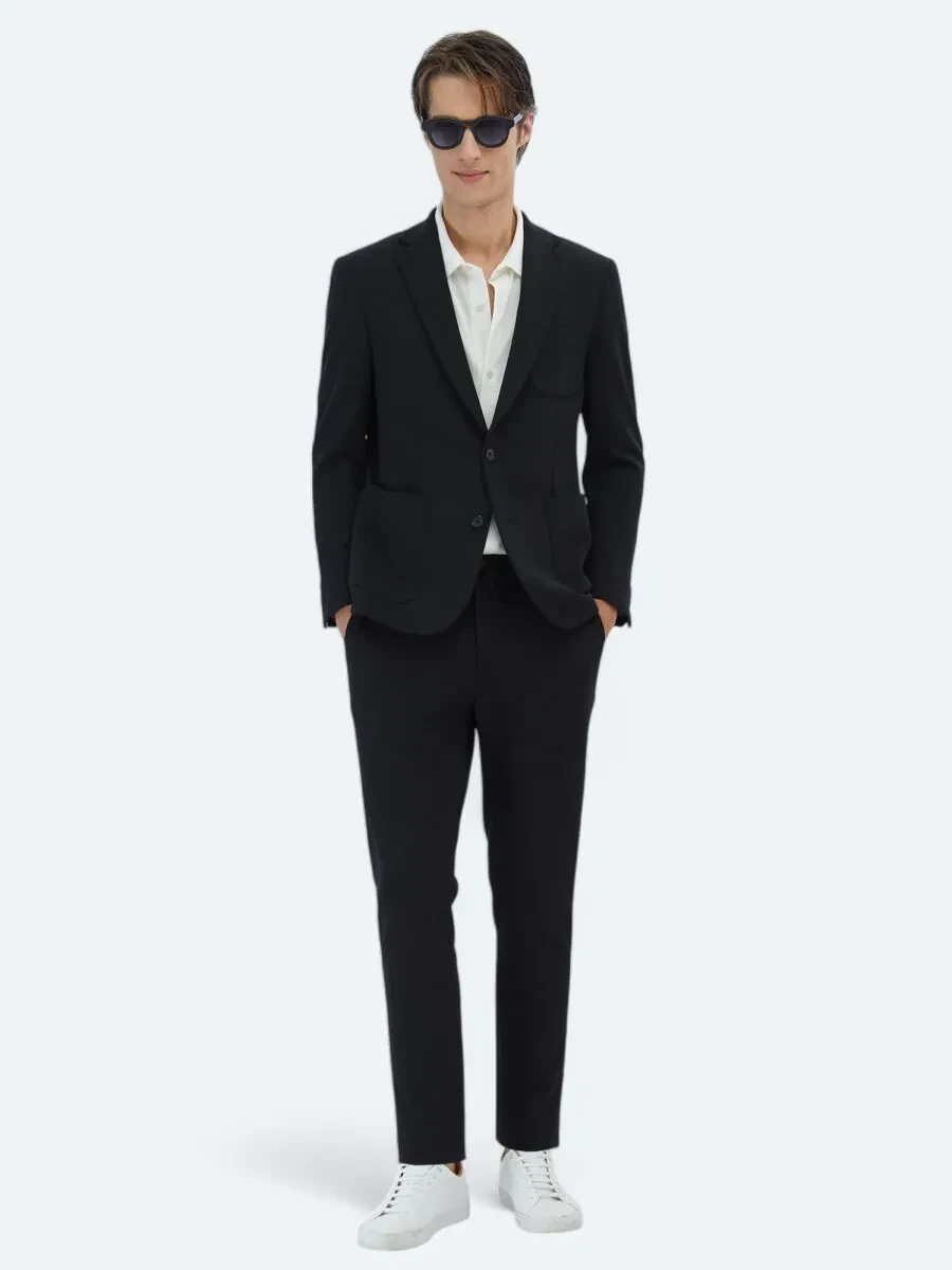 Siyah Düz Fitted Fit Örme Takım Elbise - 2