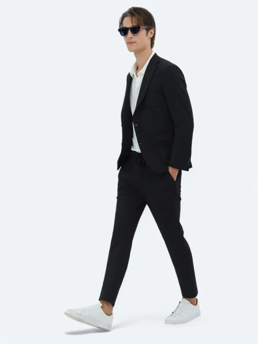 Siyah Düz Fitted Fit Örme Takım Elbise - 3
