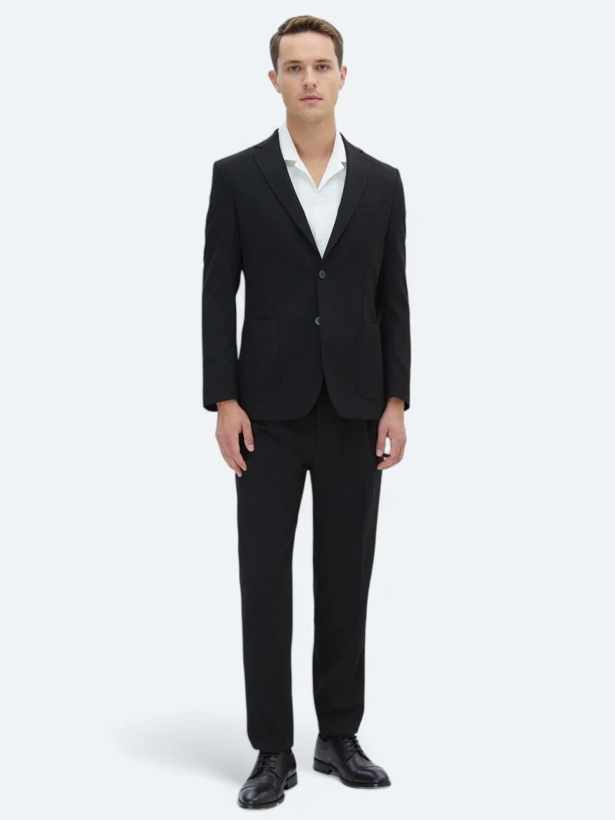 Siyah Düz Fitted Fit Takım Elbise - 2