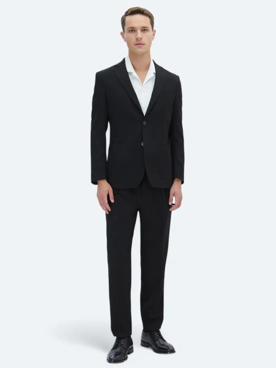 Siyah Düz Fitted Fit Takım Elbise - 2
