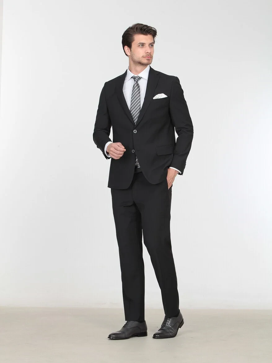 Siyah Düz Fitted Fit Yün Karışımlı Takım Elbise - 2