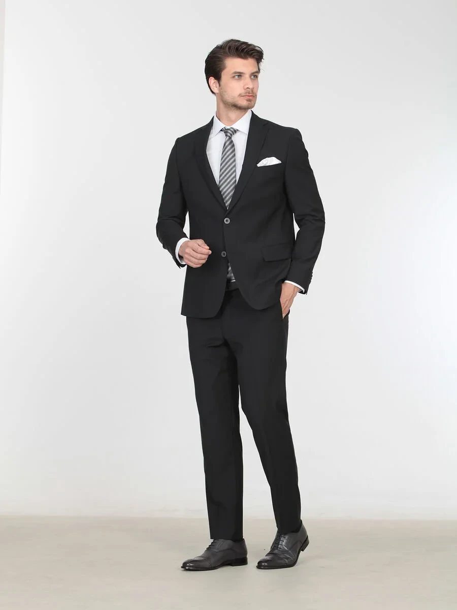 Siyah Düz Fitted Fit Yün Karışımlı Takım Elbise - 2