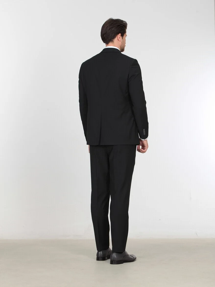 Siyah Düz Fitted Fit Yün Karışımlı Takım Elbise - 4