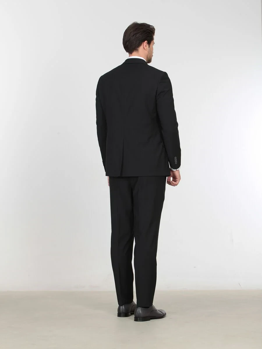 Siyah Düz Fitted Fit Yün Karışımlı Takım Elbise - 4