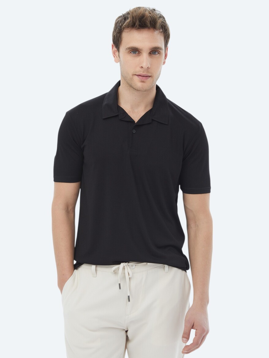 Siyah Düz Küba Yaka T-Shirt - 5