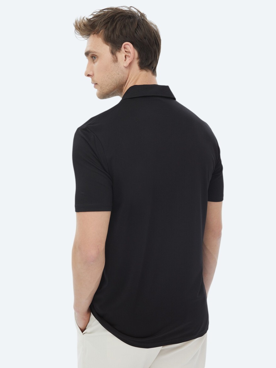 Siyah Düz Küba Yaka T-Shirt - 11