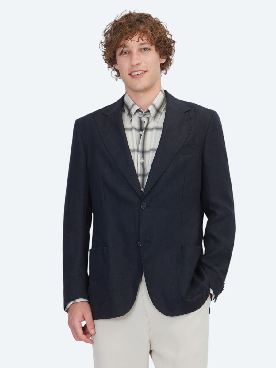 Siyah Düz Modern Fit %100 Keten Ceket - 1
