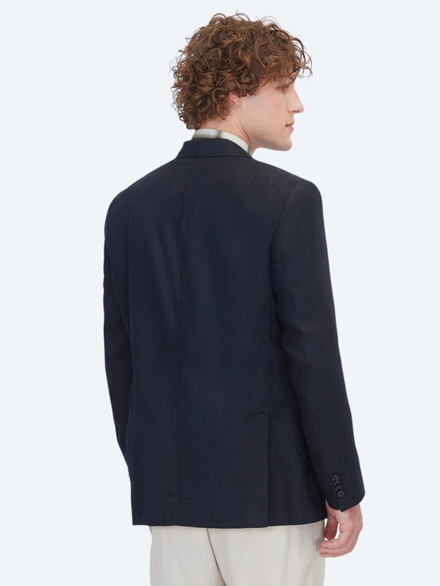 Siyah Düz Modern Fit %100 Keten Ceket - 5