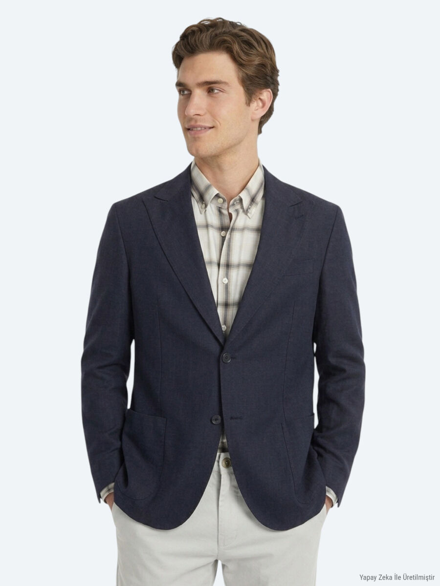 Siyah Düz Modern Fit %100 Keten Ceket - 1