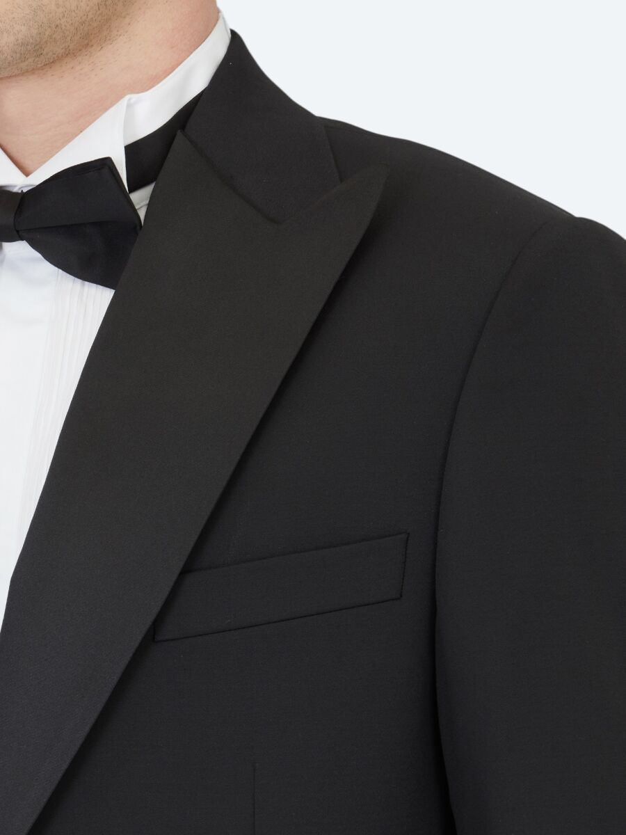 Siyah Düz Modern Fit Çıkarılabilir Kruvaze Yaka Dokuma Smokin Takım Elbise - 4