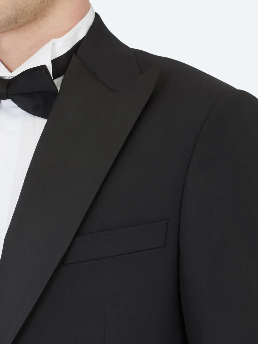 Siyah Düz Modern Fit Çıkarılabilir Kruvaze Yaka Dokuma Smokin Takım Elbise - 4