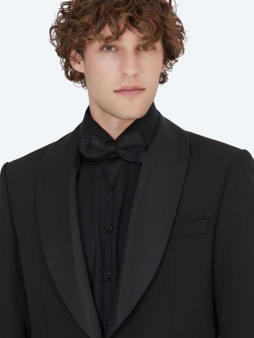 Siyah Düz Modern Fit Çıkarılabilir Şal Yaka Dokuma Smokin Takım Elbise - 3