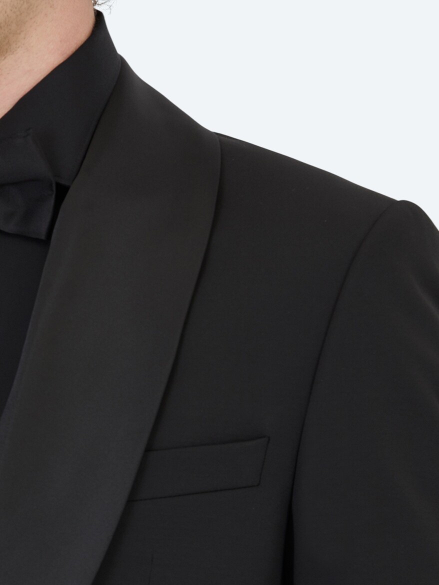 Siyah Düz Modern Fit Çıkarılabilir Şal Yaka Dokuma Smokin Takım Elbise - 4