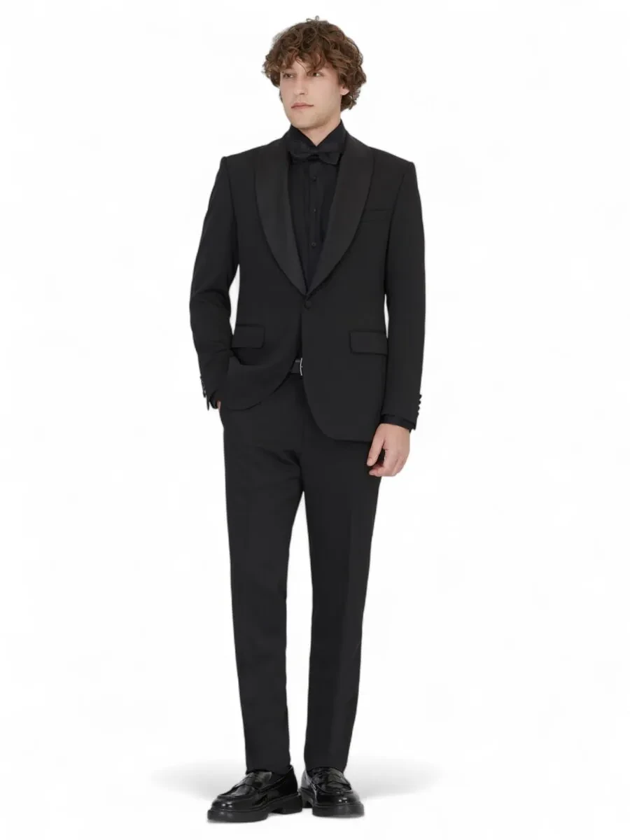 Siyah Düz Modern Fit Çıkarılabilir Şal Yaka Dokuma Smokin Takım Elbise - 2