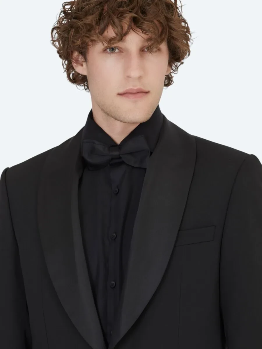 Siyah Düz Modern Fit Çıkarılabilir Şal Yaka Dokuma Smokin Takım Elbise - 3