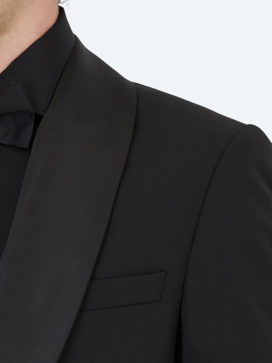 Siyah Düz Modern Fit Çıkarılabilir Şal Yaka Dokuma Smokin Takım Elbise - 4