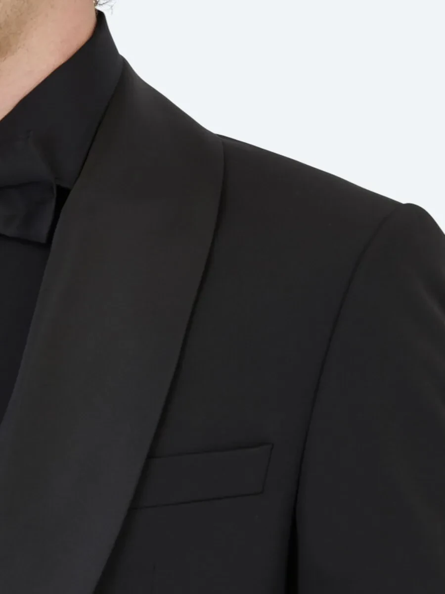 Siyah Düz Modern Fit Çıkarılabilir Şal Yaka Dokuma Smokin Takım Elbise - 4