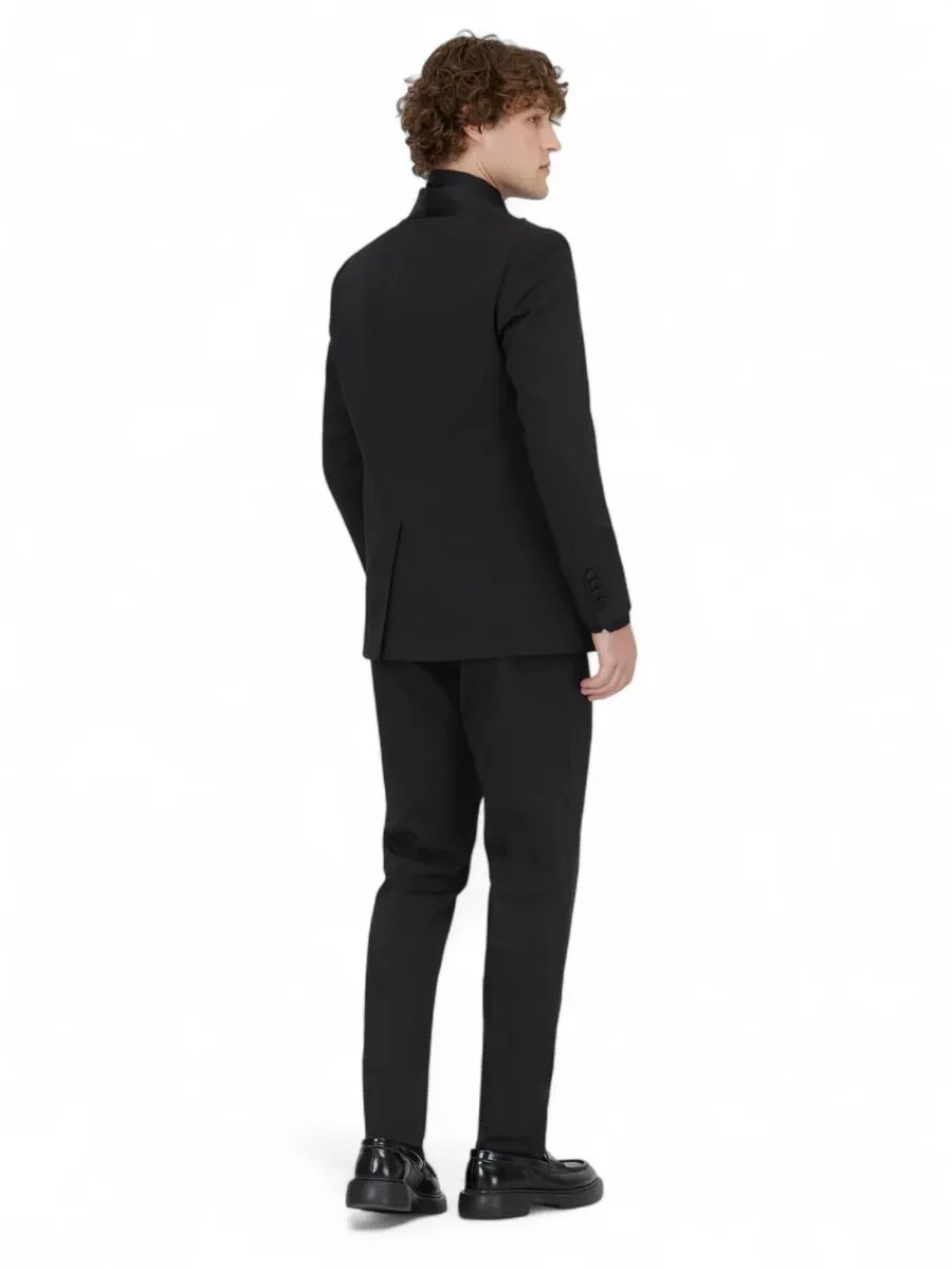 Siyah Düz Modern Fit Çıkarılabilir Şal Yaka Dokuma Smokin Takım Elbise - 5