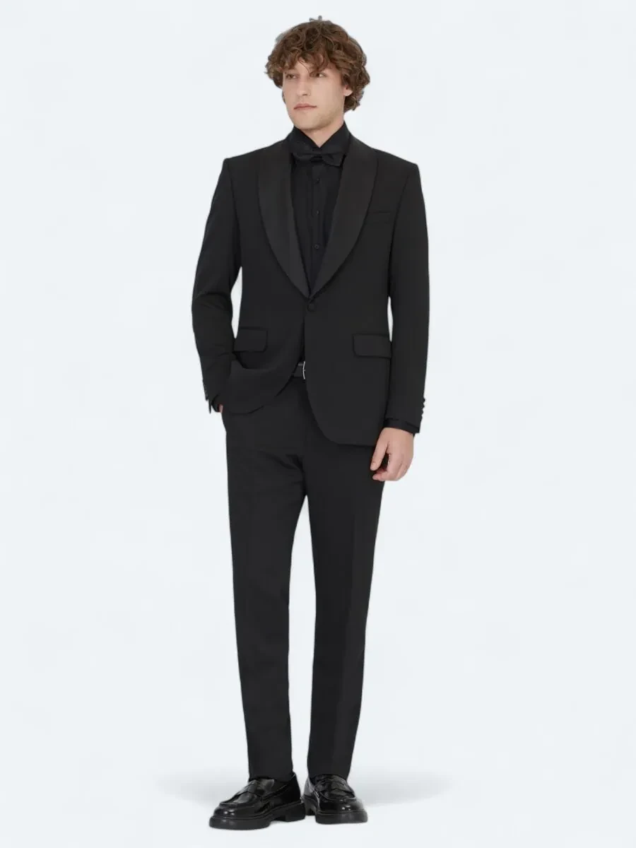 Siyah Düz Modern Fit Çıkarılabilir Şal Yaka Dokuma Smokin Takım Elbise - 2