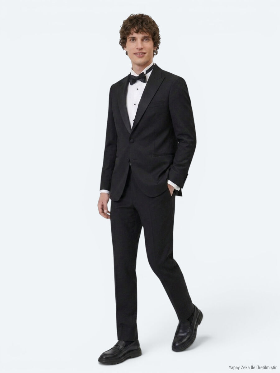 Siyah Düz Modern Fit Dokuma Smokin Takım Elbise - 3