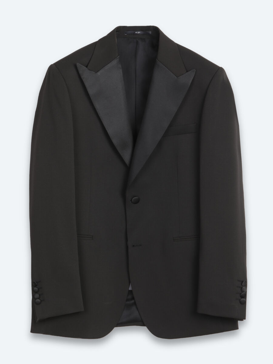 Siyah Düz Modern Fit Dokuma Smokin Takım Elbise - 6
