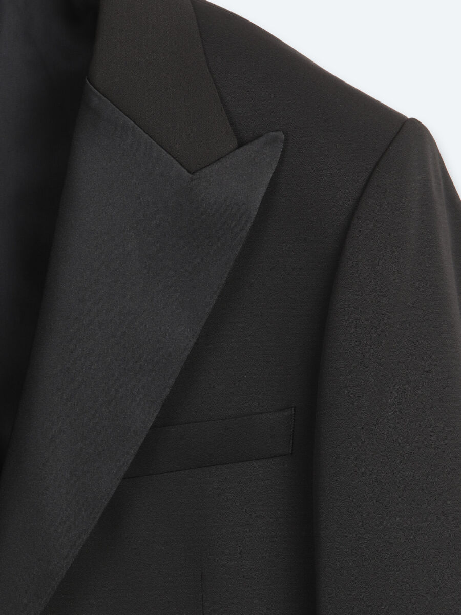 Siyah Düz Modern Fit Dokuma Smokin Takım Elbise - 8