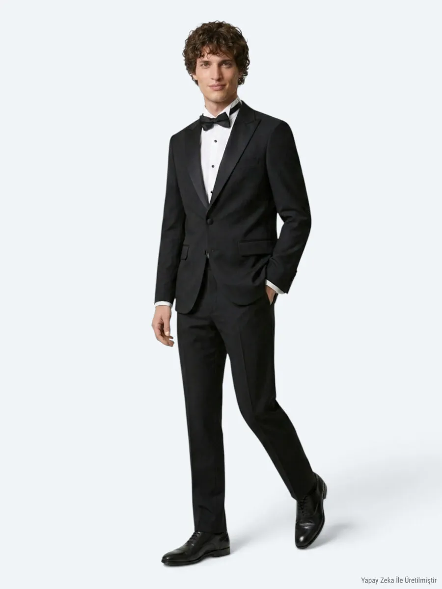 Siyah Düz Modern Fit Dokuma Smokin Takım Elbise - 4