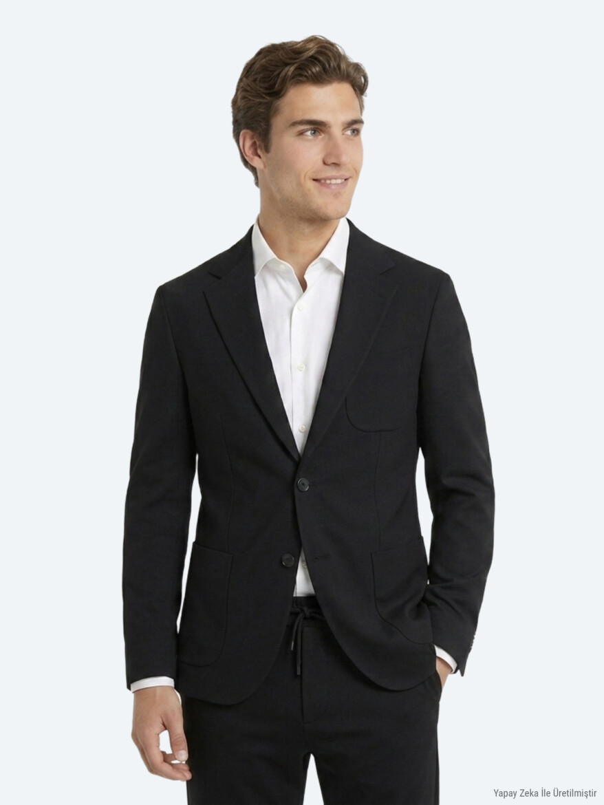 Siyah Mikro Modern Fit Örme Takım Elbise - KİP