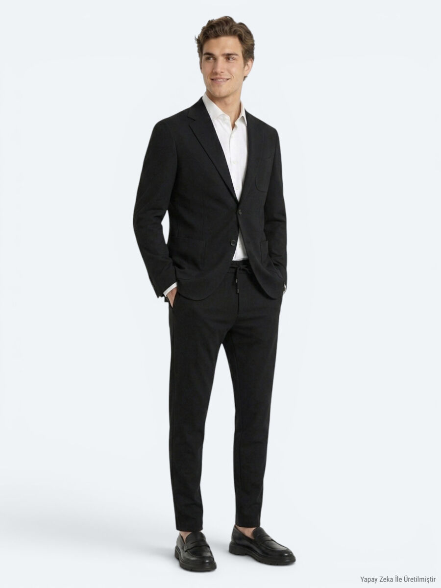Siyah Mikro Modern Fit Örme Takım Elbise - 2