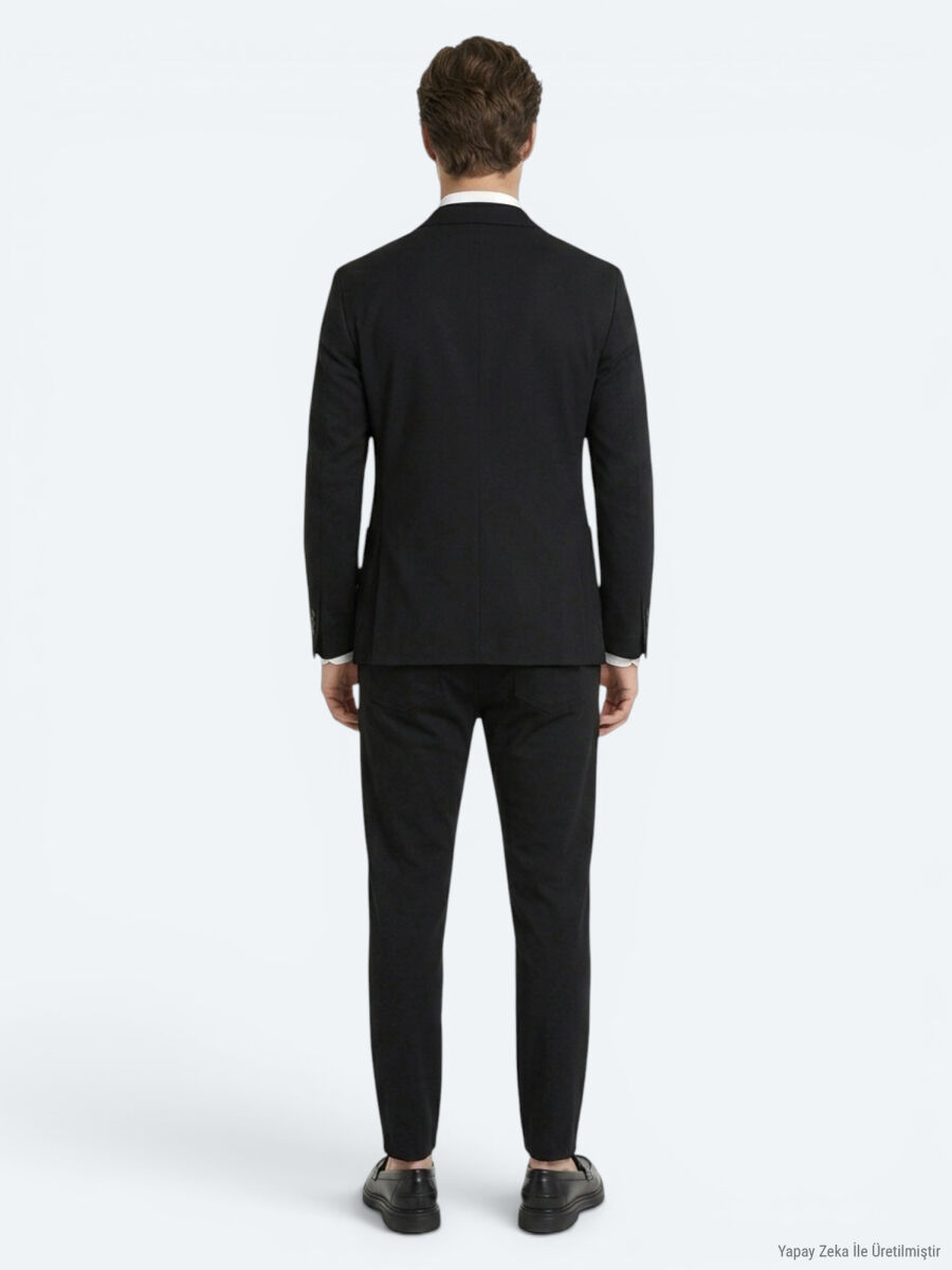 Siyah Mikro Modern Fit Örme Takım Elbise - 5