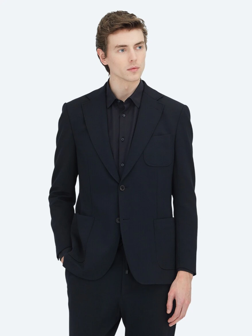 Siyah Düz Modern Fit Örme Takım Elbise - KİP