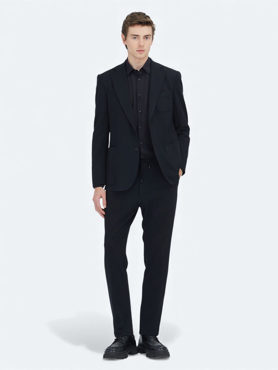 Siyah Düz Modern Fit Örme Takım Elbise - 1