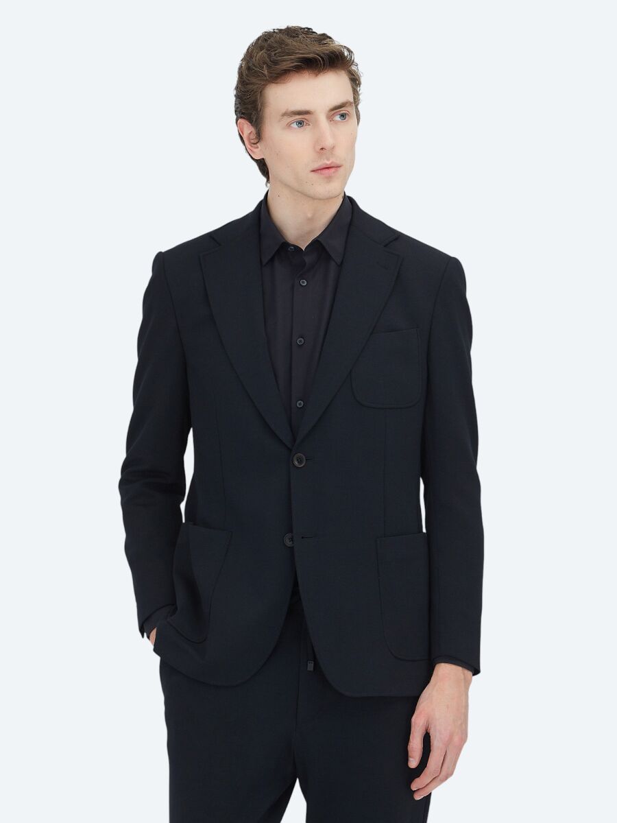 Siyah Düz Modern Fit Örme Takım Elbise - 2