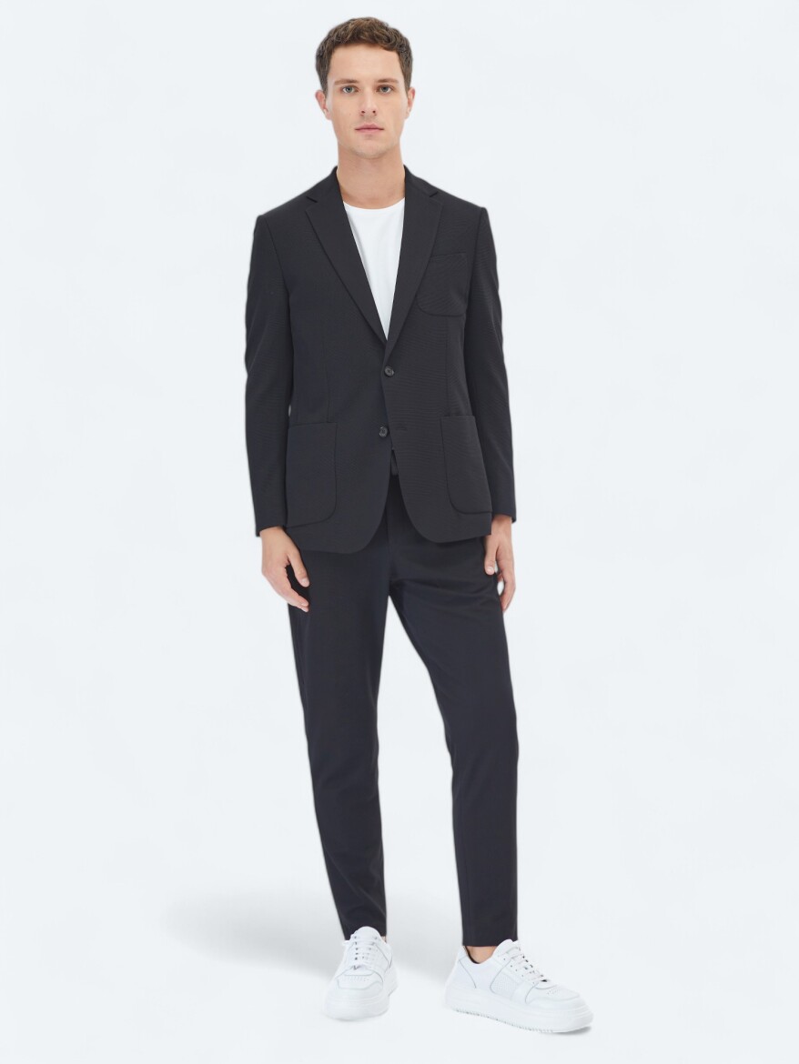 Siyah Düz Modern Fit Örme Takım Elbise - 1