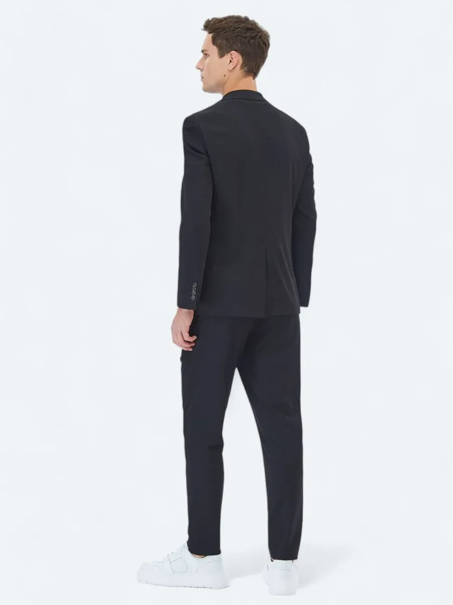 Siyah Düz Modern Fit Örme Takım Elbise - 6