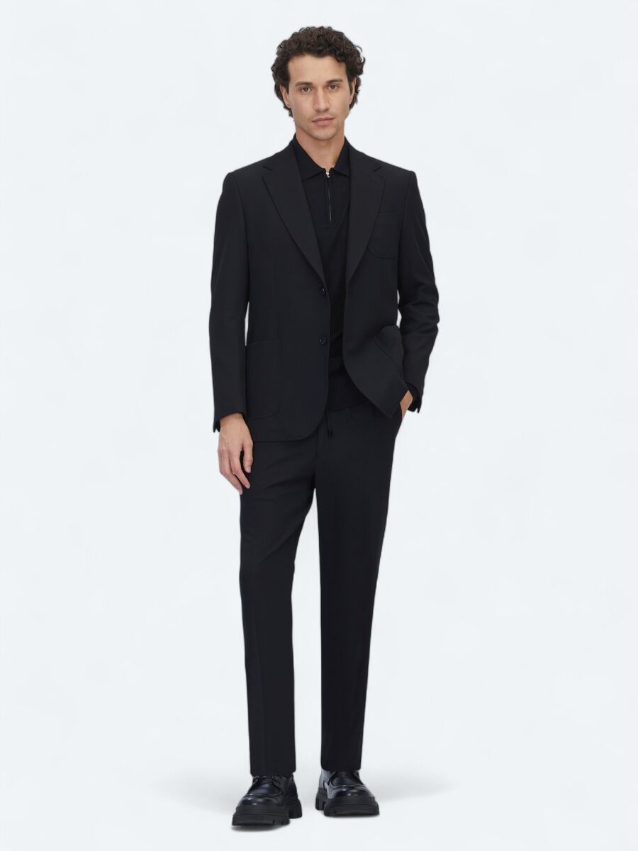 Siyah Düz Modern Fit Örme Takım Elbise - 3