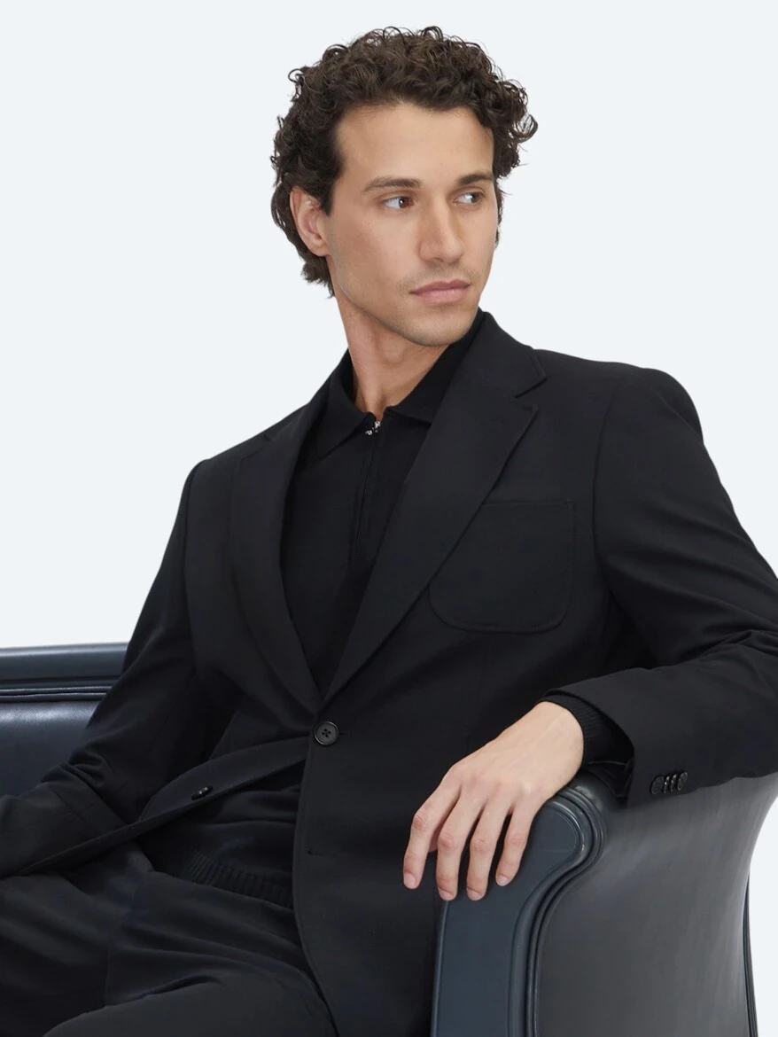 Siyah Düz Modern Fit Örme Takım Elbise - 1