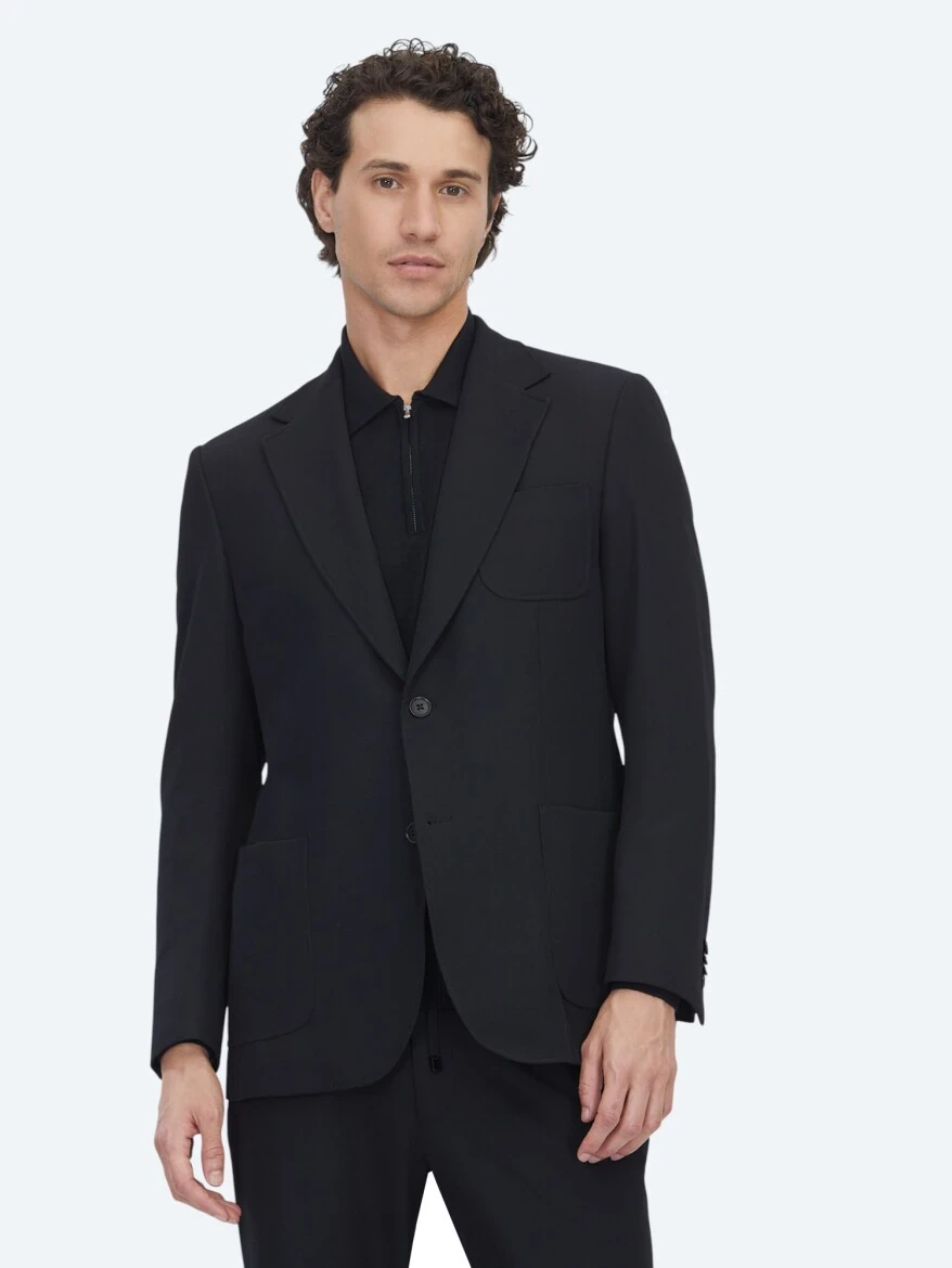 Siyah Düz Modern Fit Örme Takım Elbise - 2