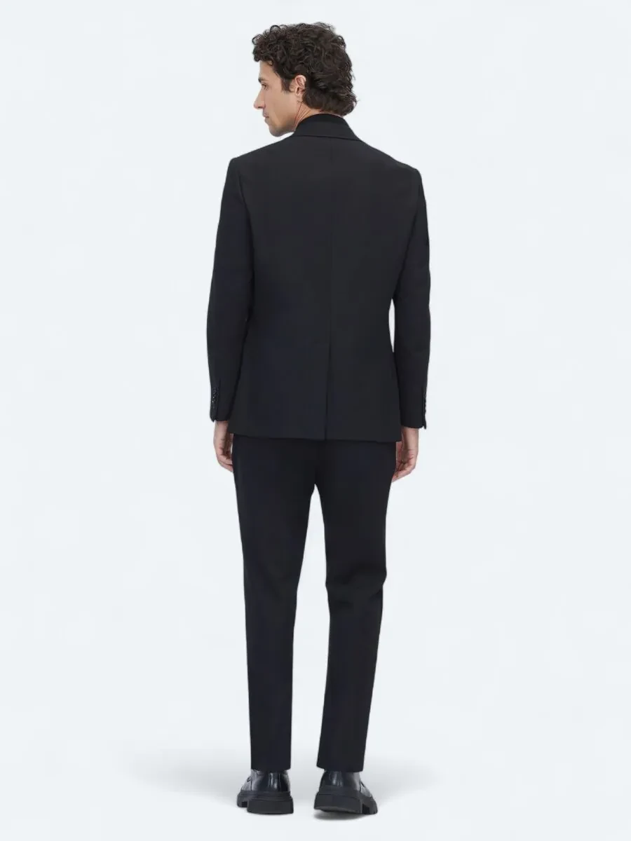 Siyah Düz Modern Fit Örme Takım Elbise - 7