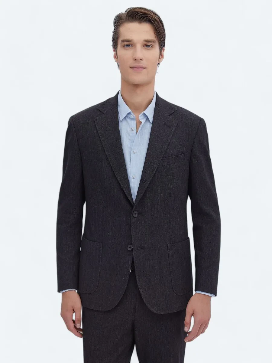 Siyah Düz Modern Fit Pamuk Karışımlı Takım Elbise - 4