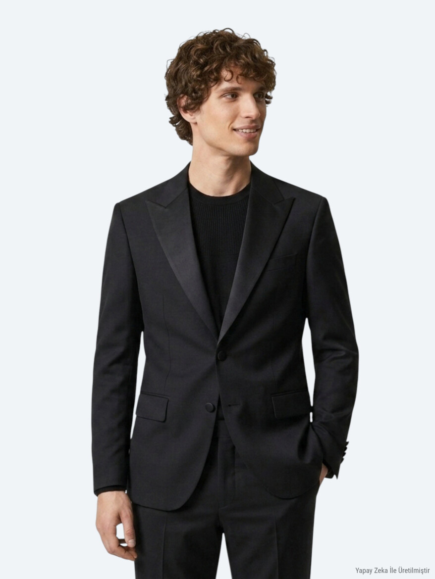 Siyah Düz Modern Fit Prinç Smokin Takım Elbise - KİP