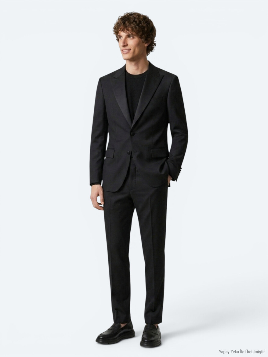 Siyah Düz Modern Fit Prinç Smokin Takım Elbise - KİP