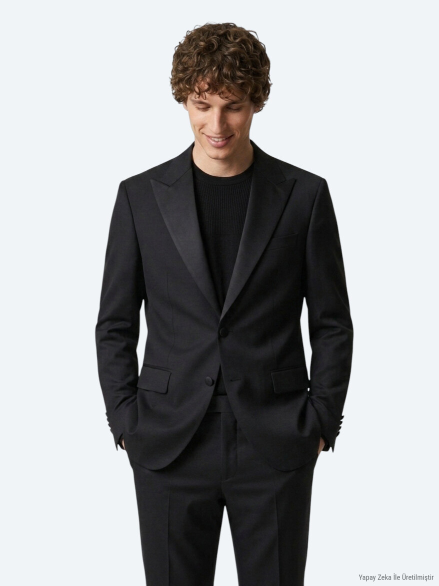 Siyah Düz Modern Fit Prinç Smokin Takım Elbise - 3